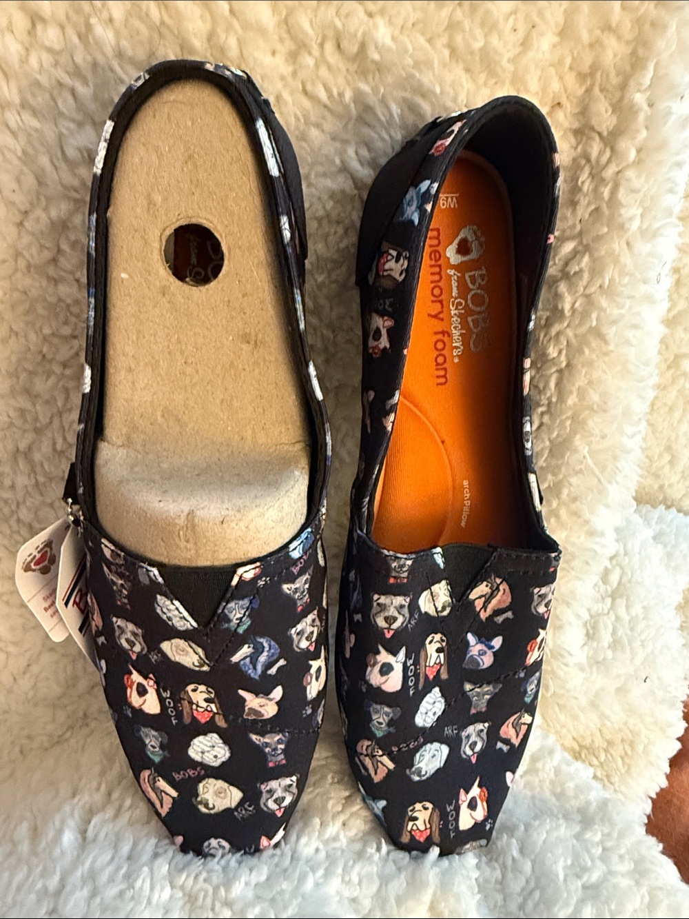 Skechers Bobs Black Slip-On Shoes with Colorful Dog Print